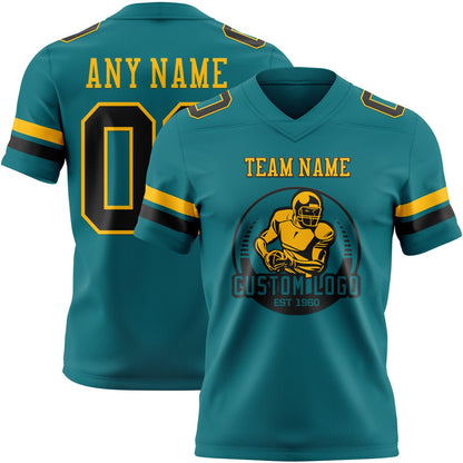 Custom Teal Black-Gold Mesh Authentic Football Jersey - Sky-Custom