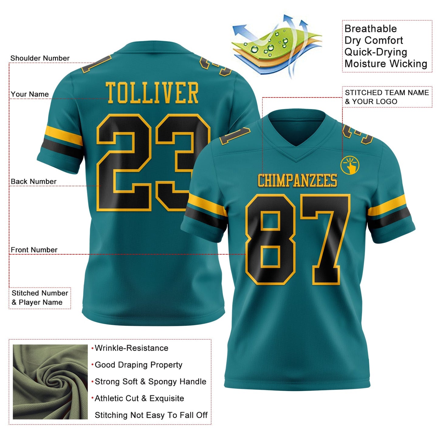 Custom Teal Black-Gold Mesh Authentic Football Jersey - Sky-Custom