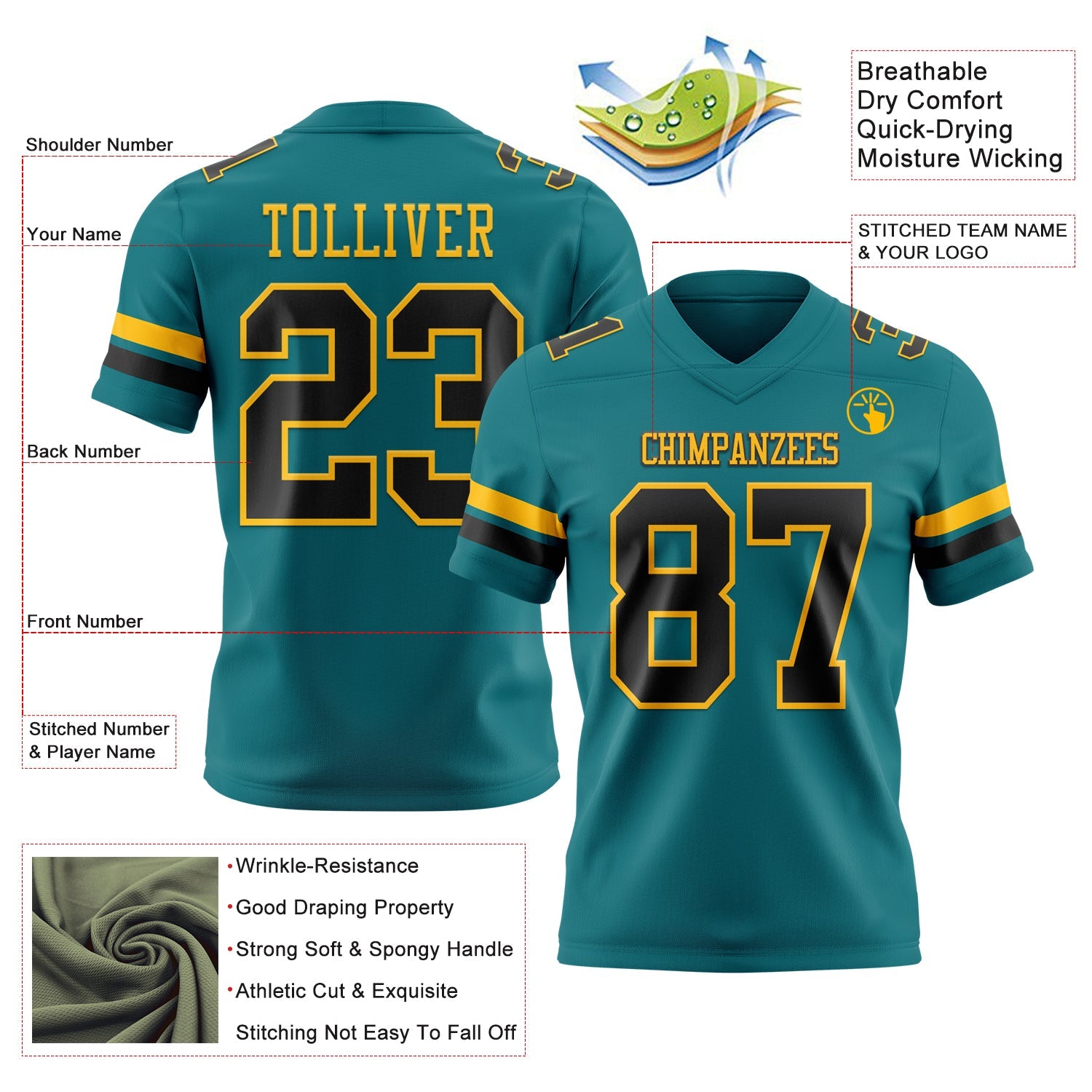 Custom Teal Black-Gold Mesh Authentic Football Jersey - Sky-Custom