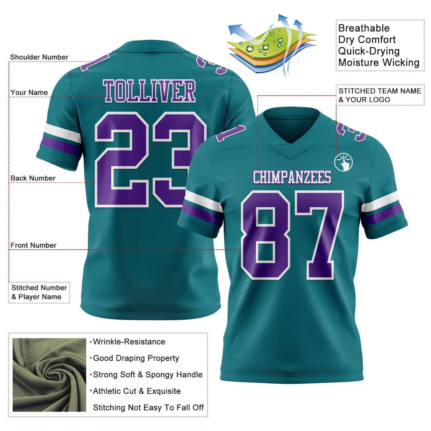 Custom Teal Purple-White Mesh Authentic Football Jersey - Sky-Custom