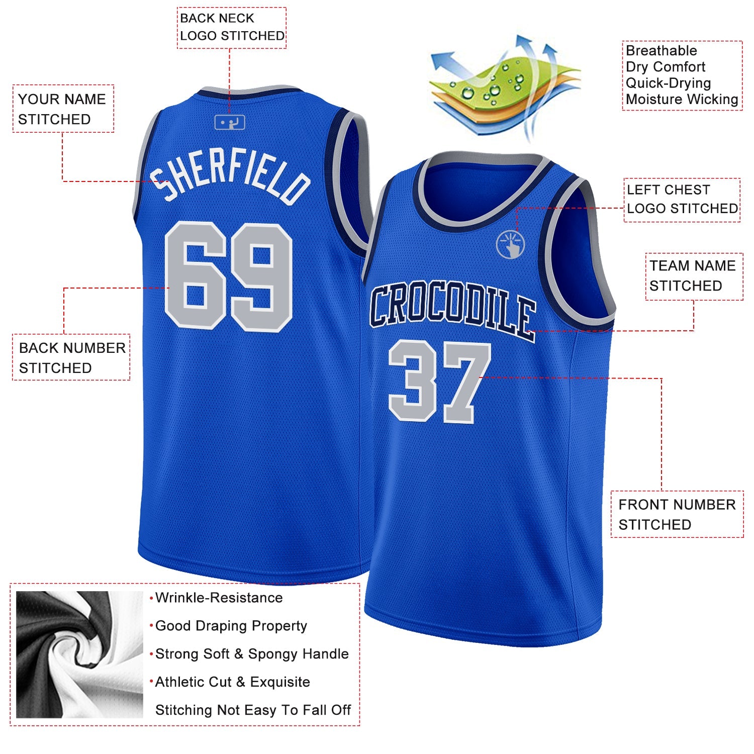 Custom Thunder Blue Gray White-Navy Authentic Basketball Jersey - Sky-Custom