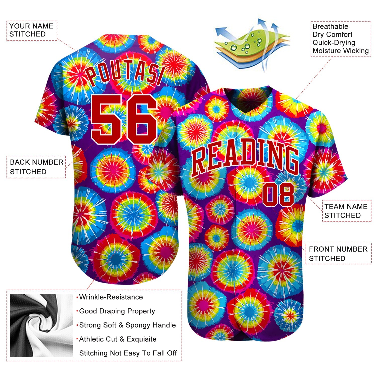 Custom Tie Dye Red-White 3D Authentic Baseball Jersey - Sky-Custom