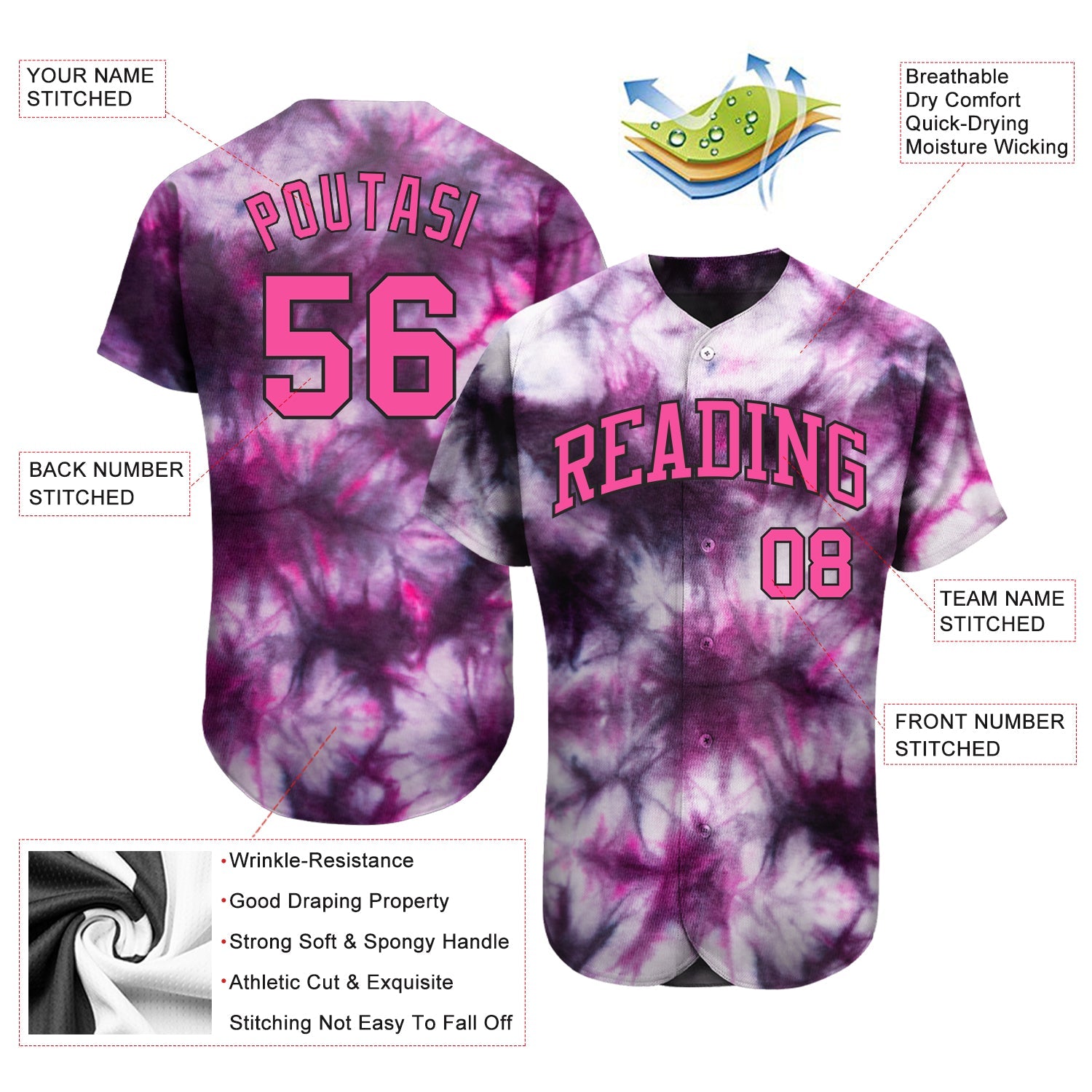 Custom Tie Dye Pink-Black 3D Authentic Baseball Jersey - Sky-Custom