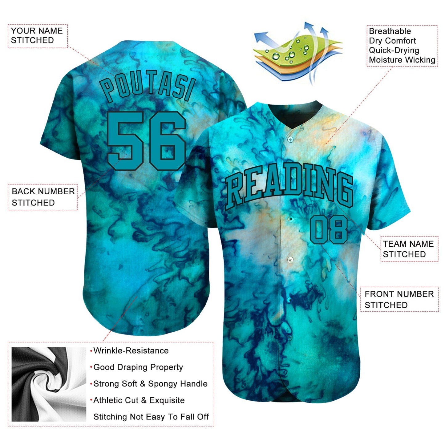 Custom Tie Dye Teal-Black 3D Authentic Baseball Jersey - Sky-Custom