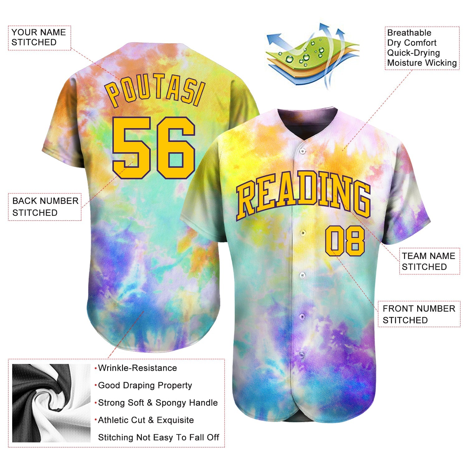 Custom Tie Dye Gold-Purple 3D Authentic Baseball Jersey - Sky-Custom