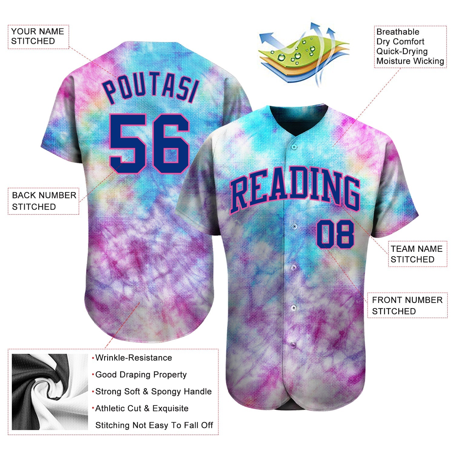 Custom Tie Dye Royal-Pink 3D Authentic Baseball Jersey - Sky-Custom