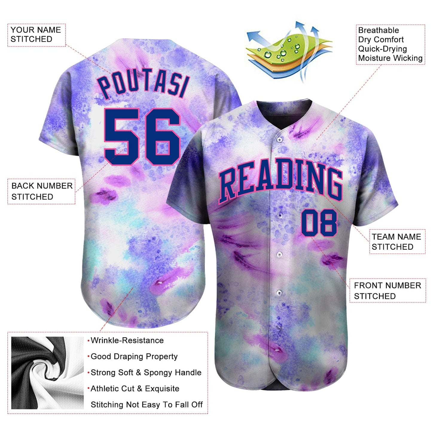 Custom Tie Dye Royal-Pink 3D Authentic Baseball Jersey - Sky-Custom