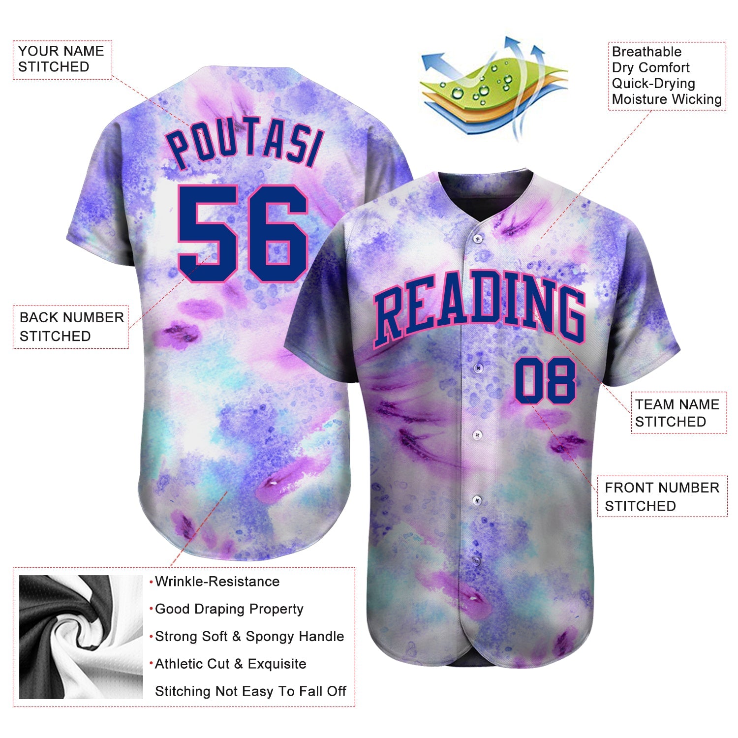 Custom Tie Dye Royal-Pink 3D Authentic Baseball Jersey - Sky-Custom