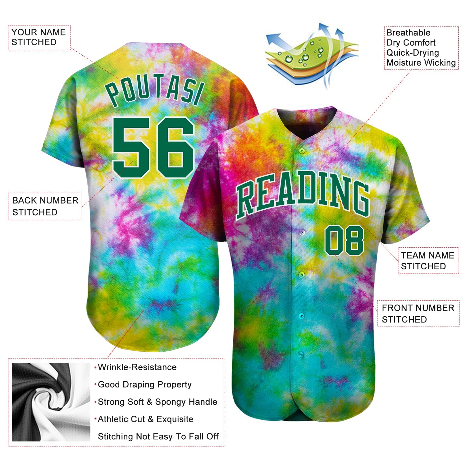 Custom Tie Dye Kelly Green-White 3D Authentic Baseball Jersey - Sky-Custom