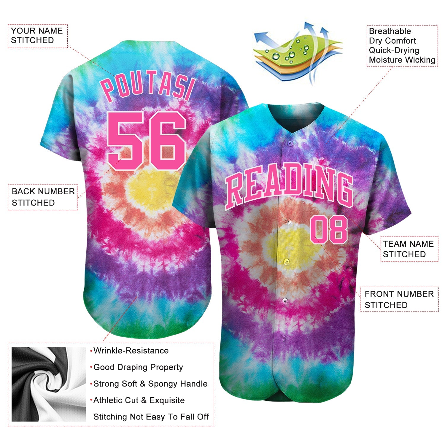 Custom Tie Dye Pink-White 3D Authentic Baseball Jersey - Sky-Custom