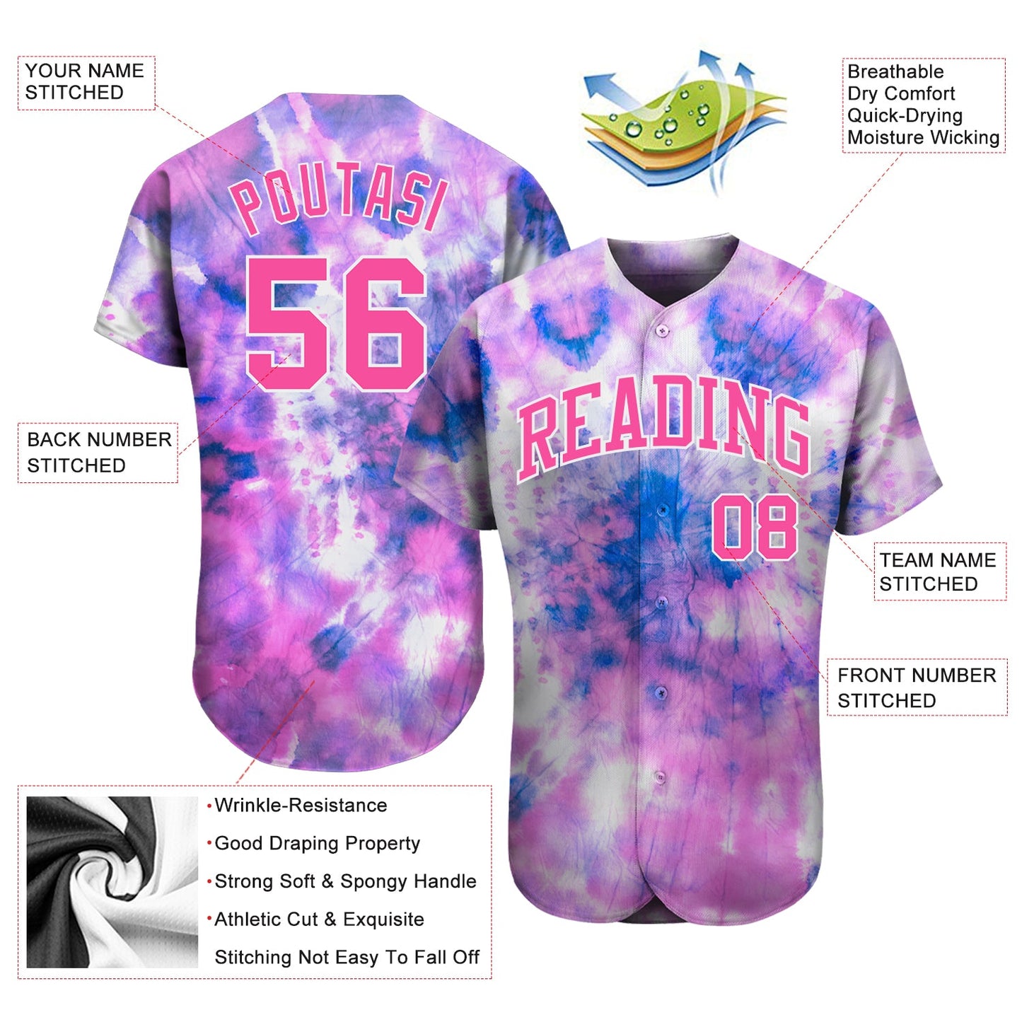 Custom Tie Dye Pink-White 3D Authentic Baseball Jersey - Sky-Custom