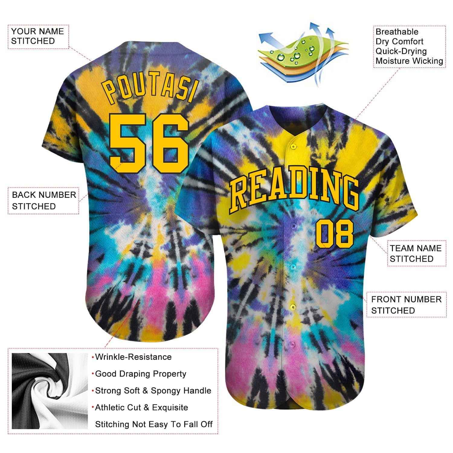 Custom Tie Dye Gold-Black 3D Authentic Baseball Jersey - Sky-Custom