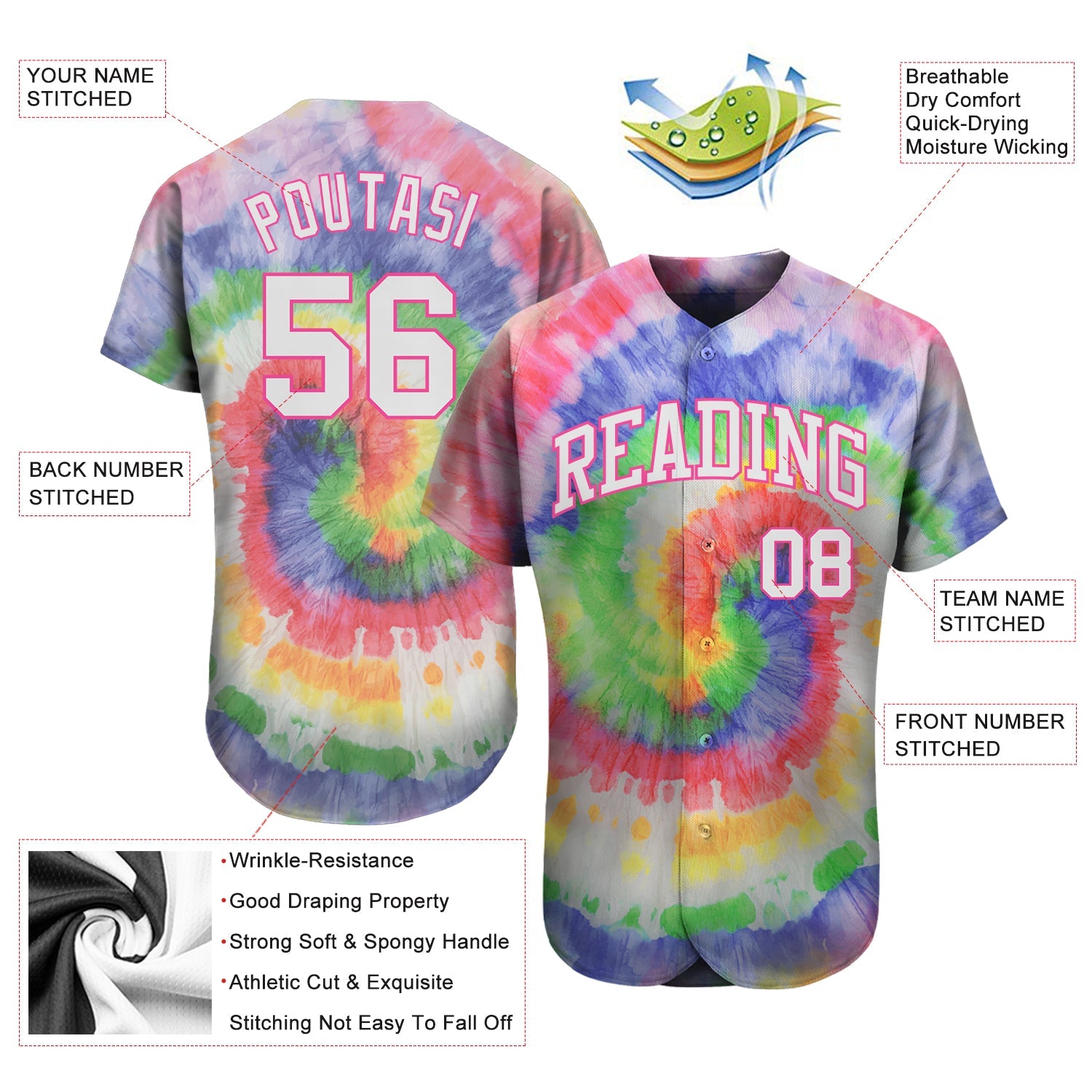 Custom Tie Dye White-Pink 3D Authentic Baseball Jersey - Sky-Custom