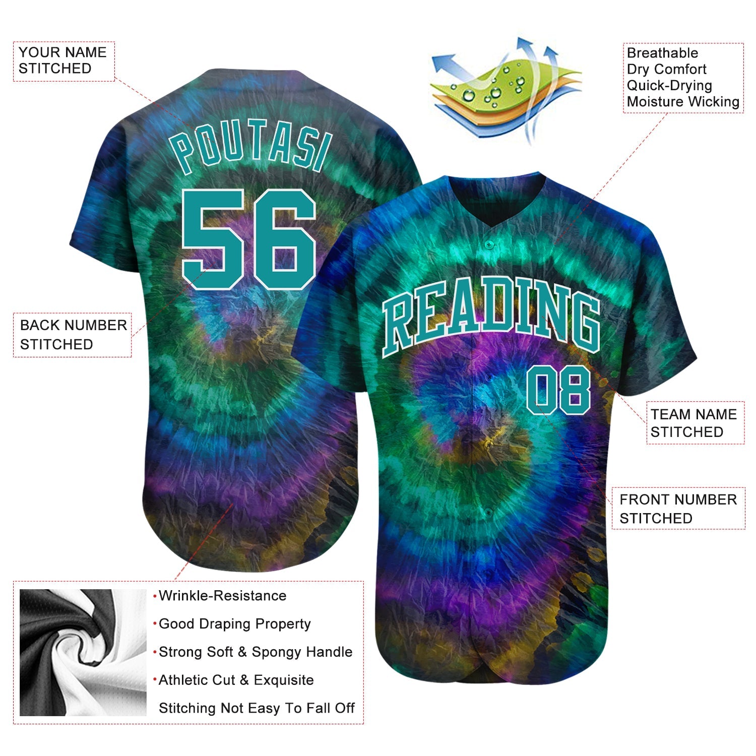Custom Tie Dye Teal-White 3D Authentic Baseball Jersey - Sky-Custom