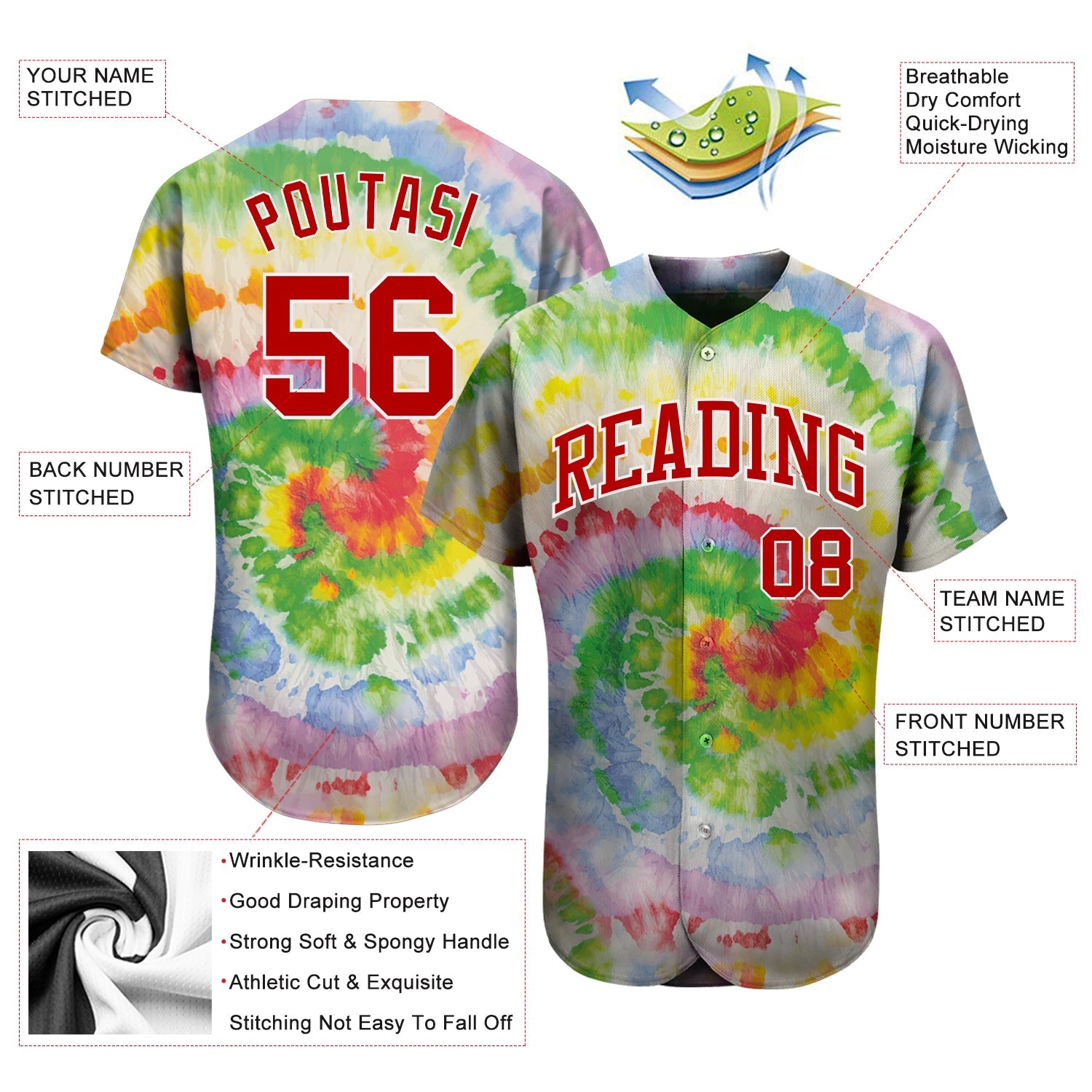 Custom Tie Dye Red-White 3D Authentic Baseball Jersey - Sky-Custom