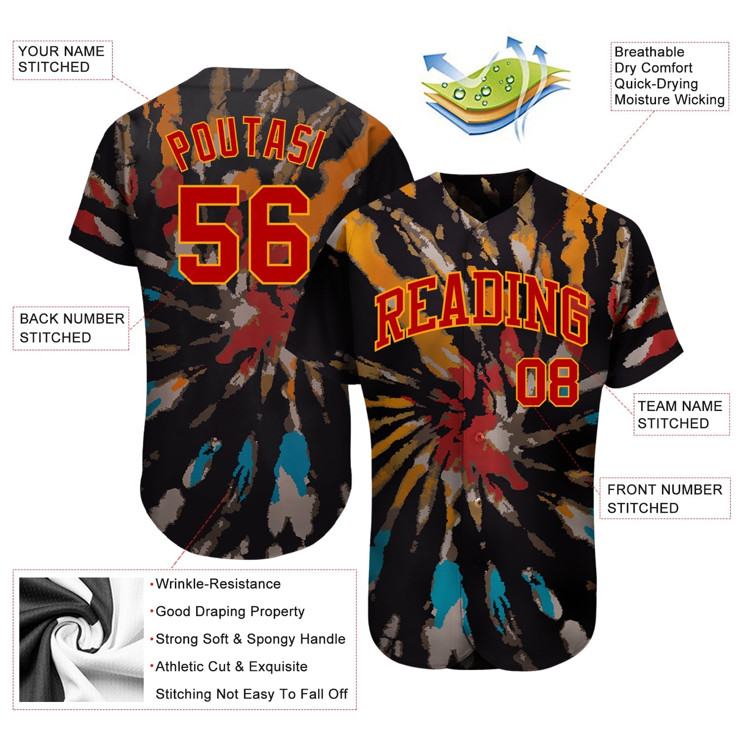 Custom Tie Dye Red-Gold 3D Authentic Baseball Jersey - Sky-Custom