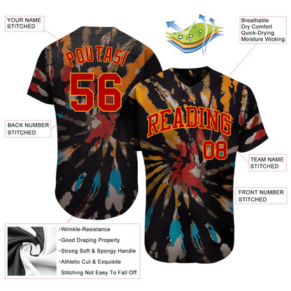 Custom Tie Dye Red-Gold 3D Authentic Baseball Jersey - Sky-Custom