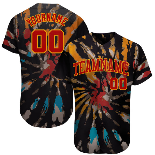 Custom Tie Dye Red-Gold 3D Authentic Baseball Jersey - Sky-Custom