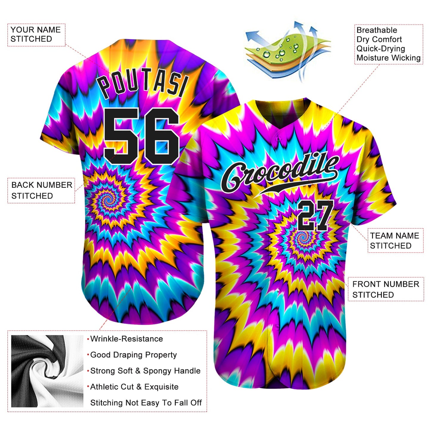 Custom Tie Dye Black-White 3D Authentic Baseball Jersey - Sky-Custom