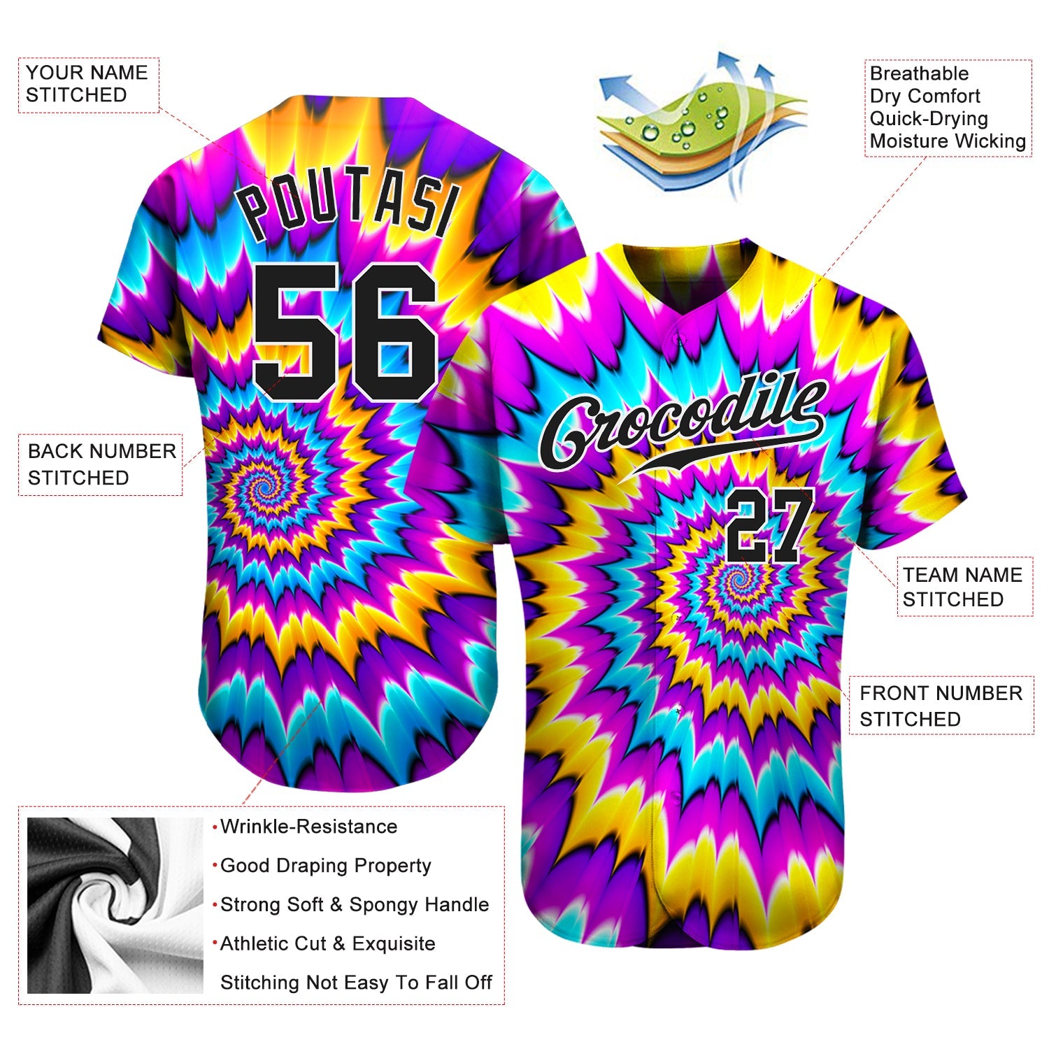 Custom Tie Dye Black-White 3D Authentic Baseball Jersey - Sky-Custom
