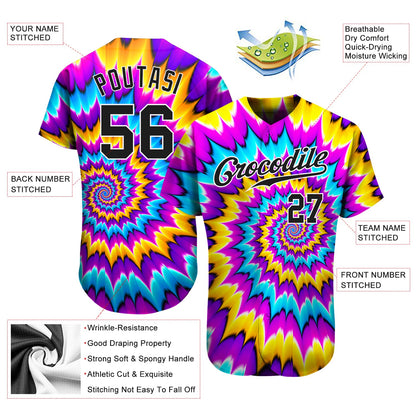 Custom Tie Dye Black-White 3D Authentic Baseball Jersey - Sky-Custom
