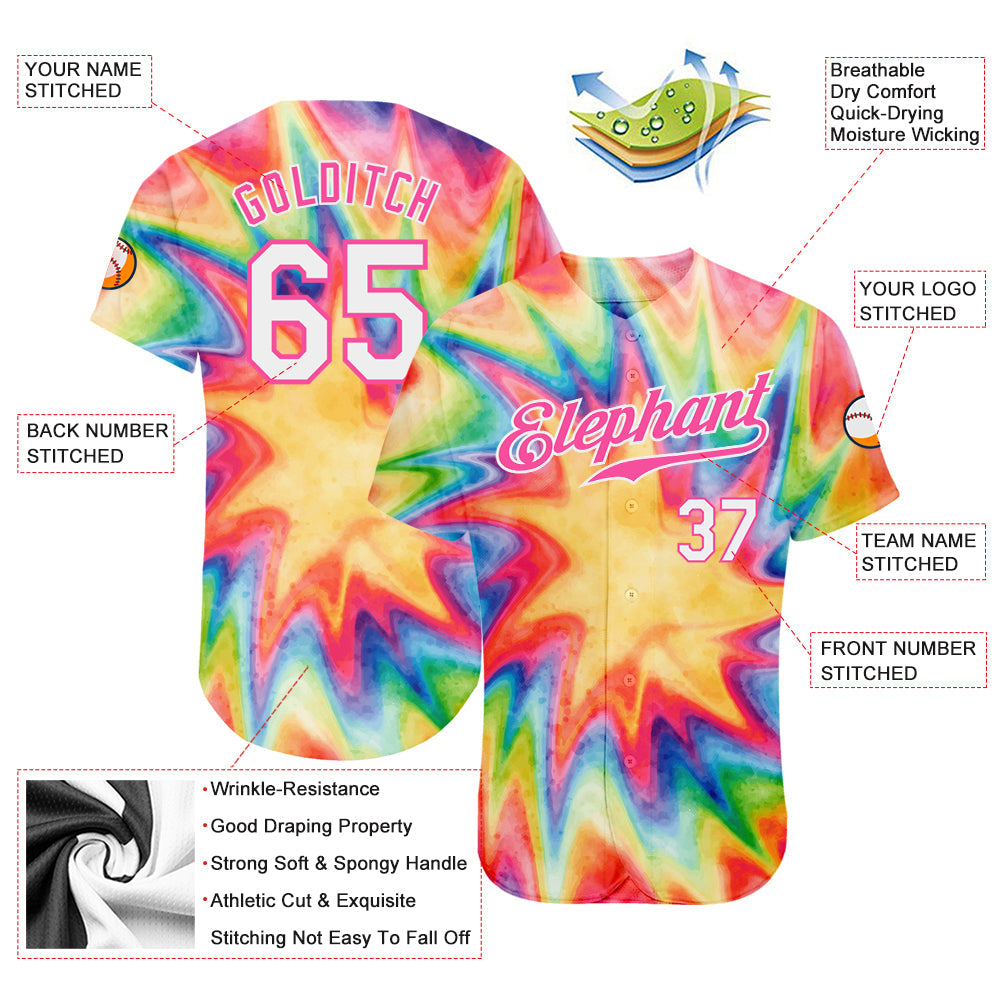 Custom Tie Dye White-Pink 3D Watercolor Rainbow Authentic Baseball Jersey - Sky-Custom