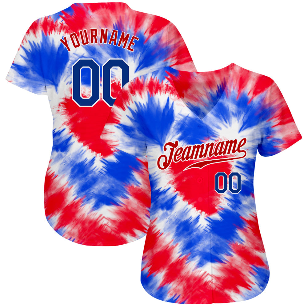 Custom Tie Dye Royal-Red 3D American Flag Authentic Baseball Jersey - Sky-Custom