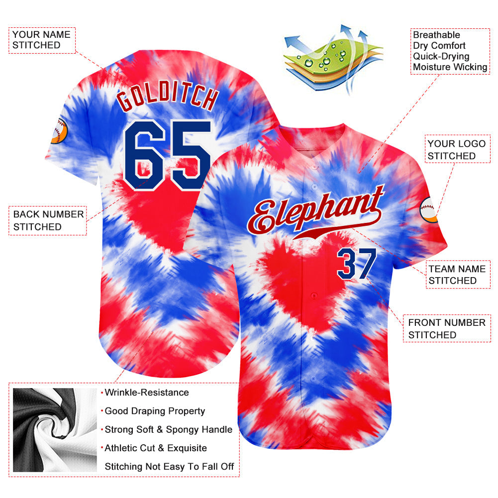 Custom Tie Dye Royal-Red 3D American Flag Authentic Baseball Jersey - Sky-Custom