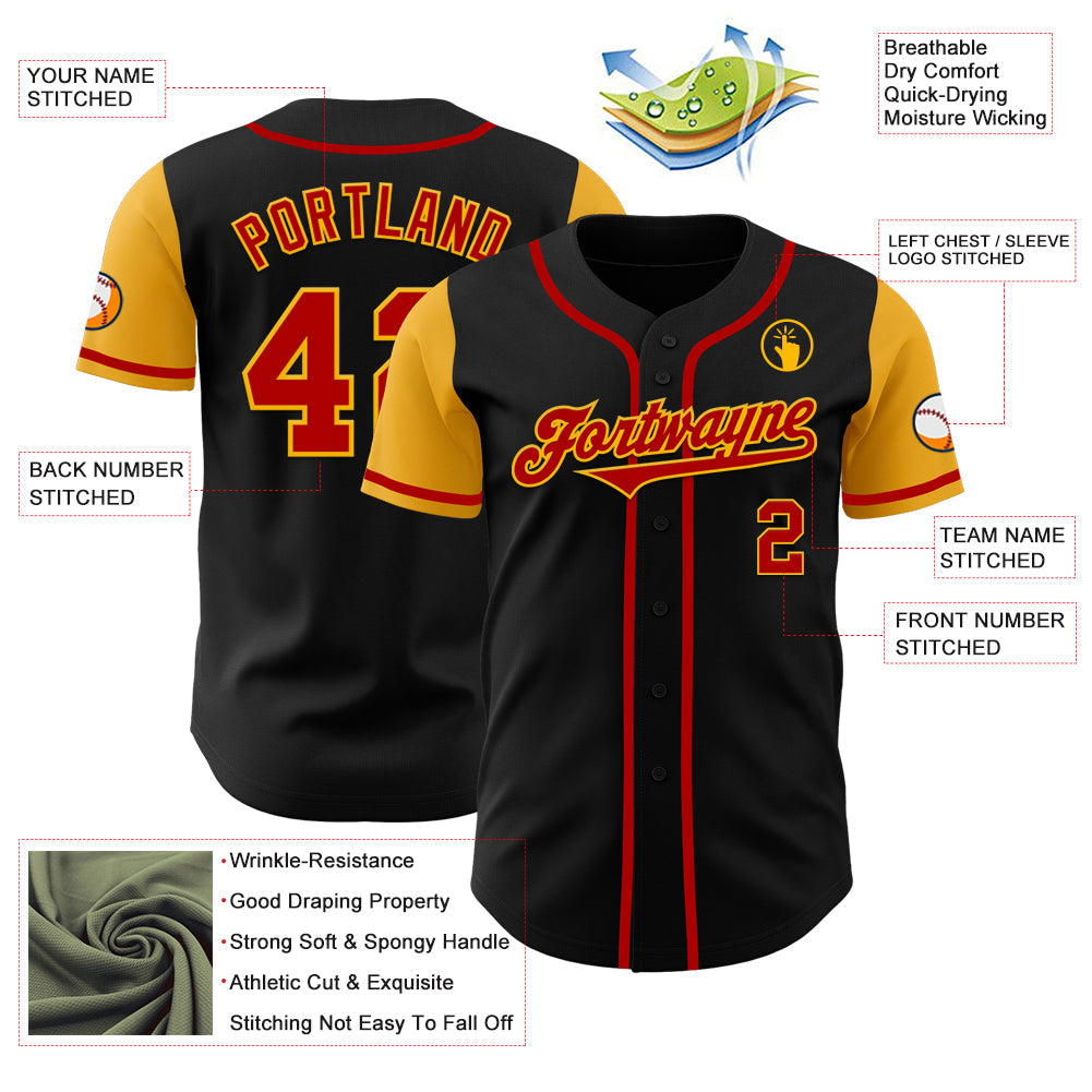 Custom Black Red-Gold Authentic Two Tone Baseball Jersey - Sky-Custom