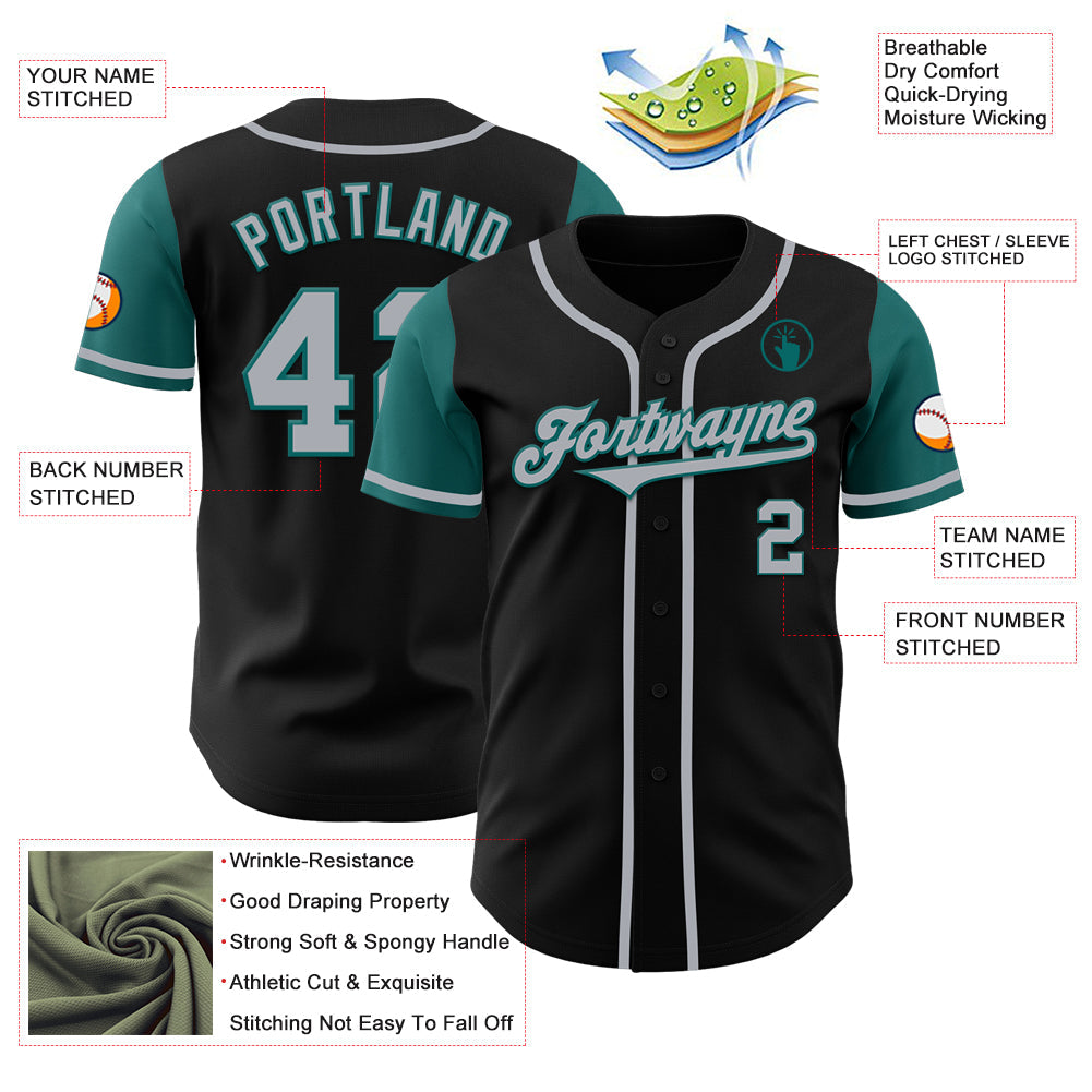 Custom Black Gray-Teal Authentic Two Tone Baseball Jersey - Sky-Custom