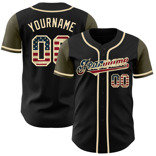 Custom Black Vintage USA Flag-Olive Authentic Two Tone Baseball Jersey - Sky-Custom