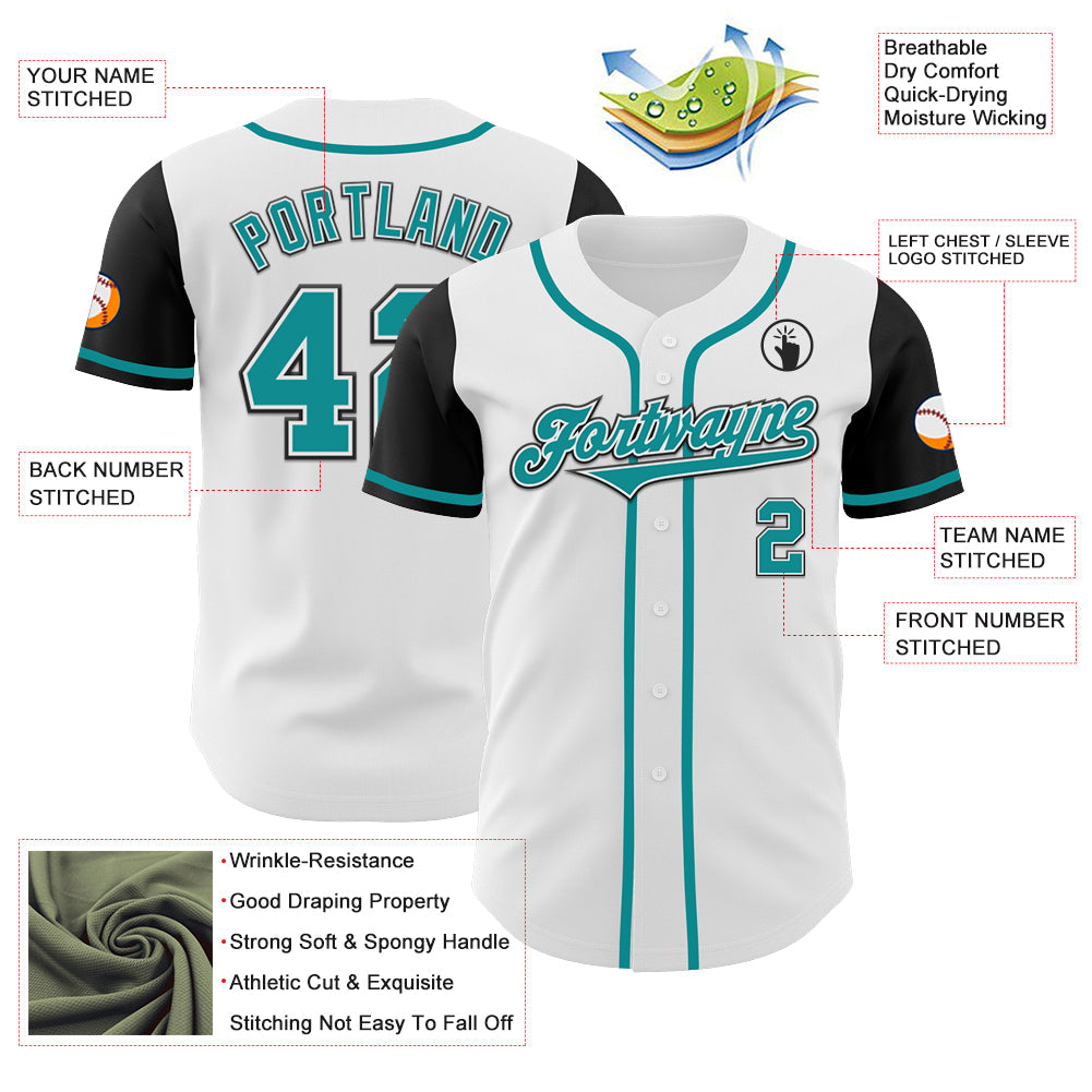 Custom White Teal-Black Authentic Two Tone Baseball Jersey - Sky-Custom