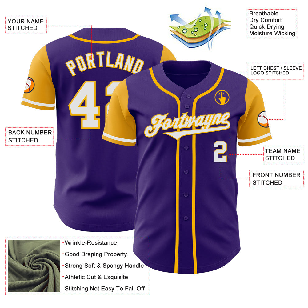 Custom Purple White-Gold Authentic Two Tone Baseball Jersey - Sky-Custom