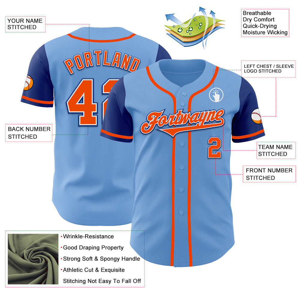 Custom Light Blue Orange-Royal Authentic Two Tone Baseball Jersey - Sky-Custom