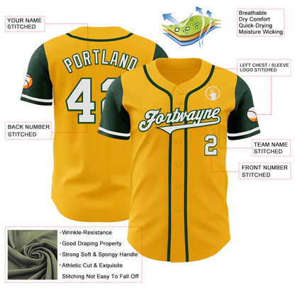 Custom Gold White-Green Authentic Two Tone Baseball Jersey - Sky-Custom