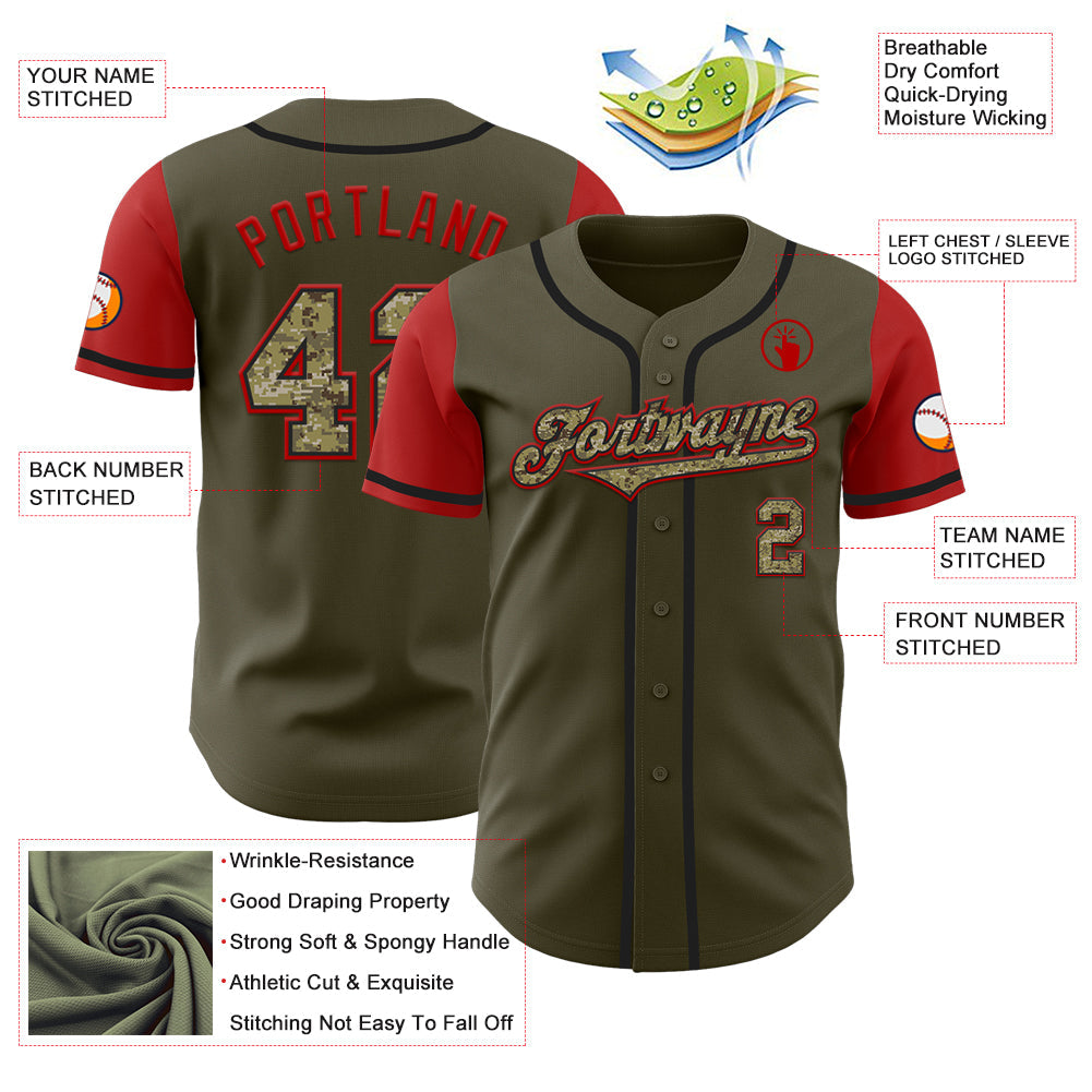 Custom Olive Camo-Black Authentic Two Tone Salute To Service Baseball Jersey - Sky-Custom