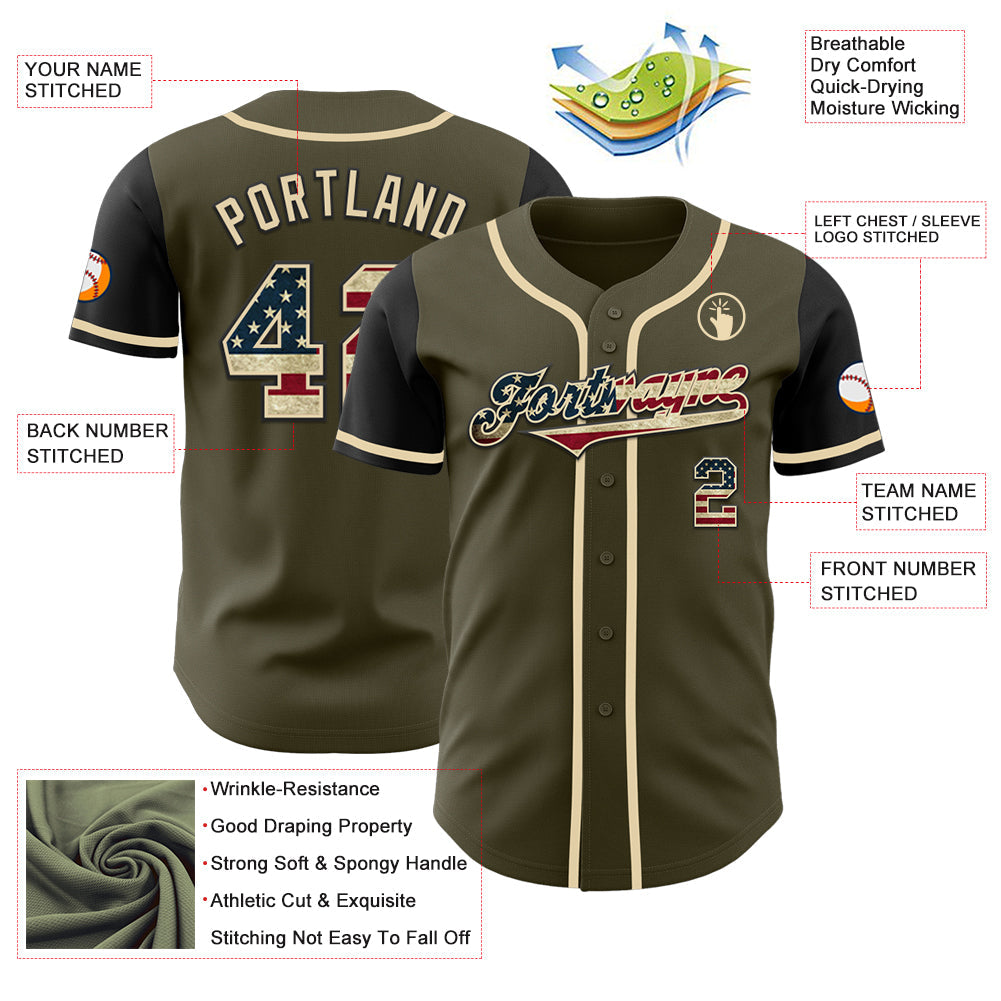 Custom Olive Vintage USA Flag-Black Authentic Two Tone Salute To Service Baseball Jersey - Sky-Custom