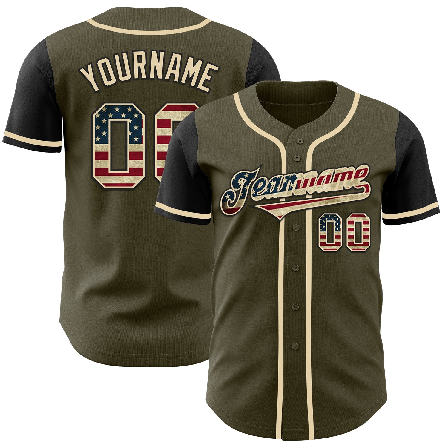 Custom Olive Vintage USA Flag-Black Authentic Two Tone Salute To Service Baseball Jersey - Sky-Custom