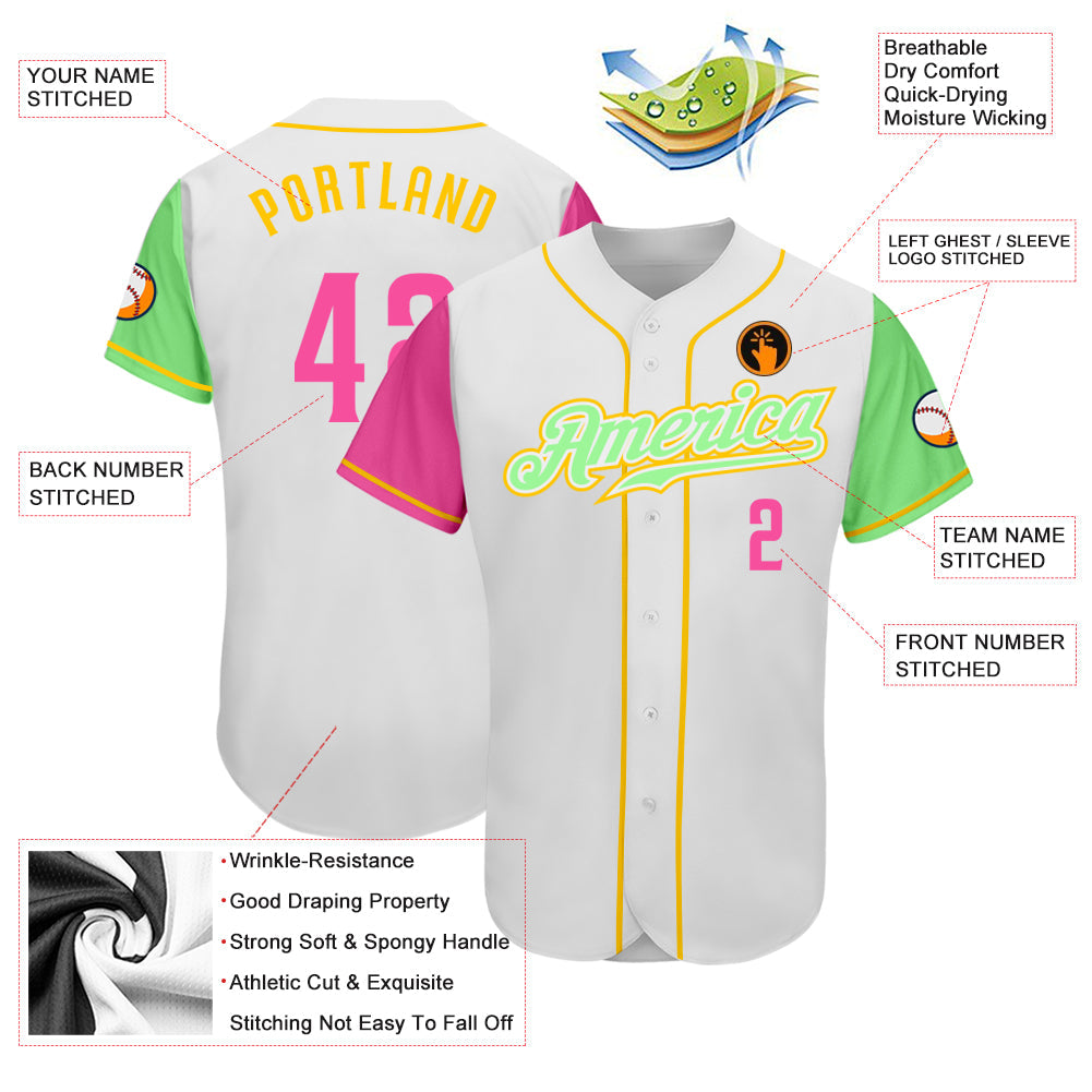 Custom White Pink Pea Green-Gold Authentic Two Tone Baseball Jersey - Sky-Custom