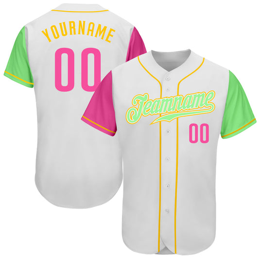 Custom White Pink Pea Green-Gold Authentic Two Tone Baseball Jersey - Sky-Custom
