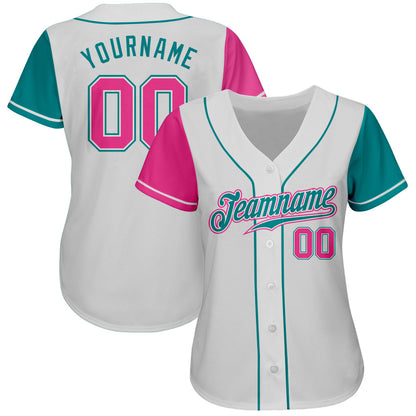Custom White Pink-Teal Authentic Two Tone Baseball Jersey - Sky-Custom