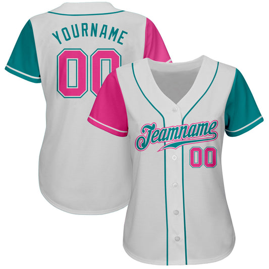 Custom White Pink-Teal Authentic Two Tone Baseball Jersey - Sky-Custom
