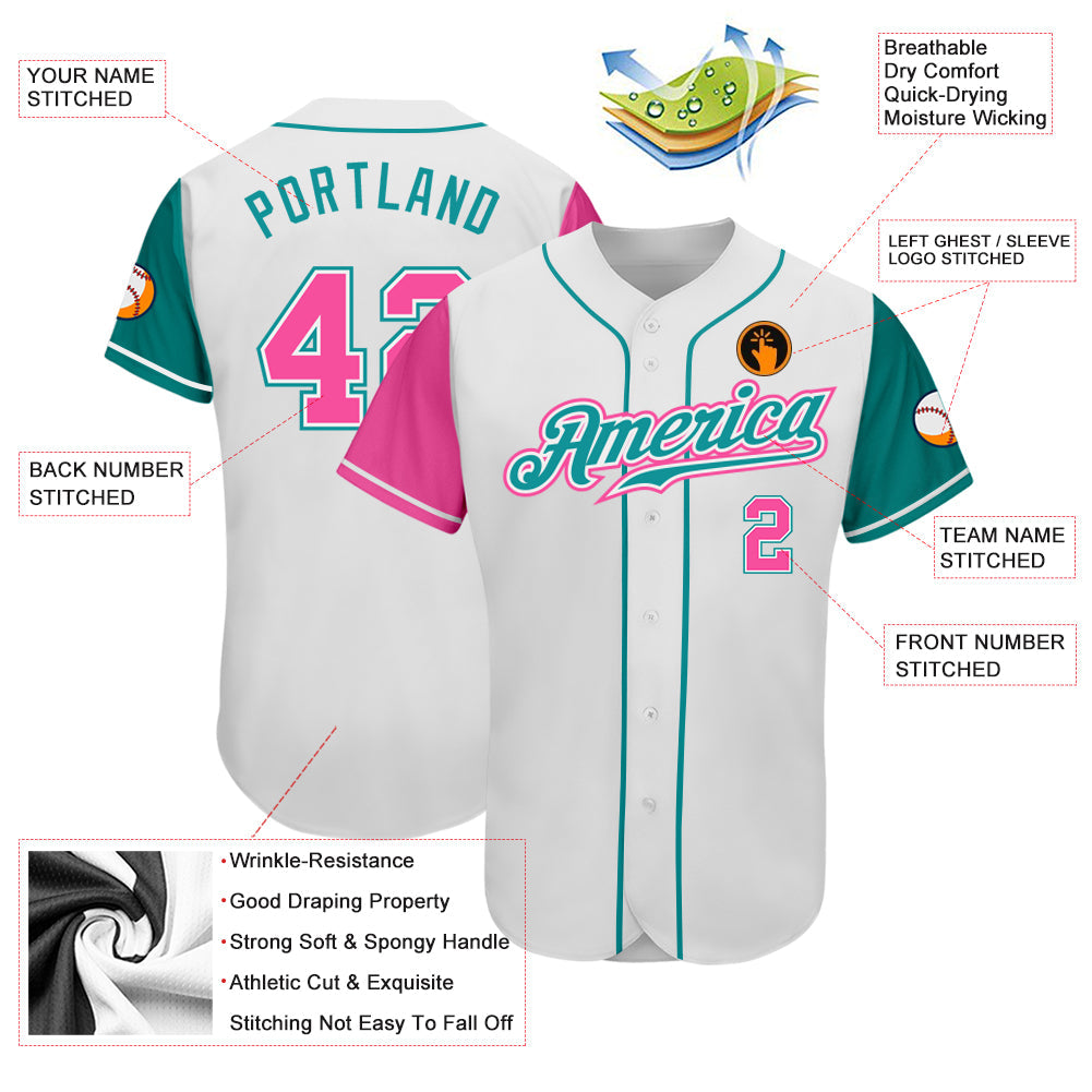Custom White Pink-Teal Authentic Two Tone Baseball Jersey - Sky-Custom