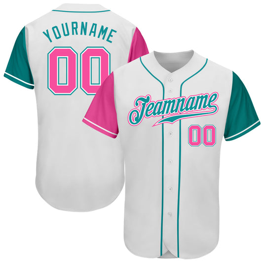 Custom White Pink-Teal Authentic Two Tone Baseball Jersey - Sky-Custom