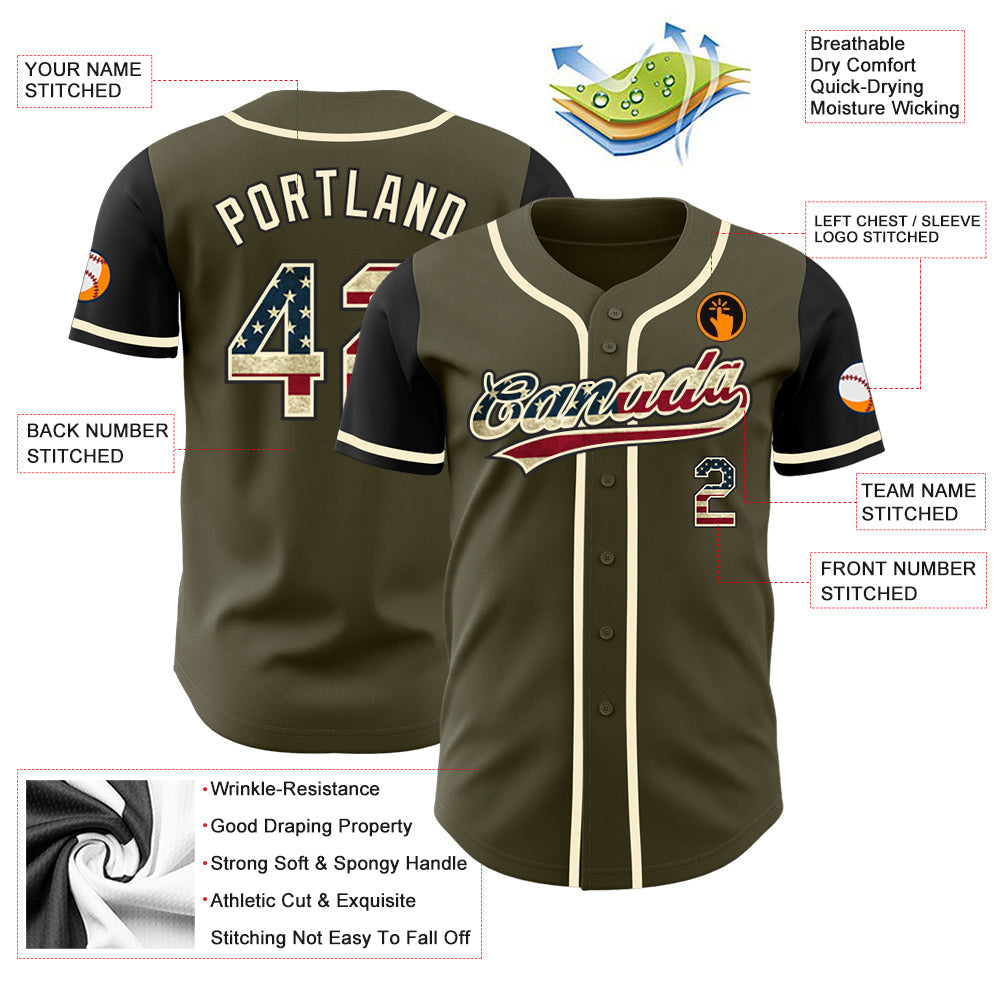 Custom Olive Vintage USA Flag Black-Cream Authentic Salute To Service Two Tone Baseball Jersey - Sky-Custom