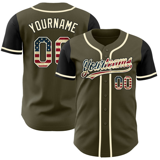 Custom Olive Vintage USA Flag Black-Cream Authentic Salute To Service Two Tone Baseball Jersey - Sky-Custom