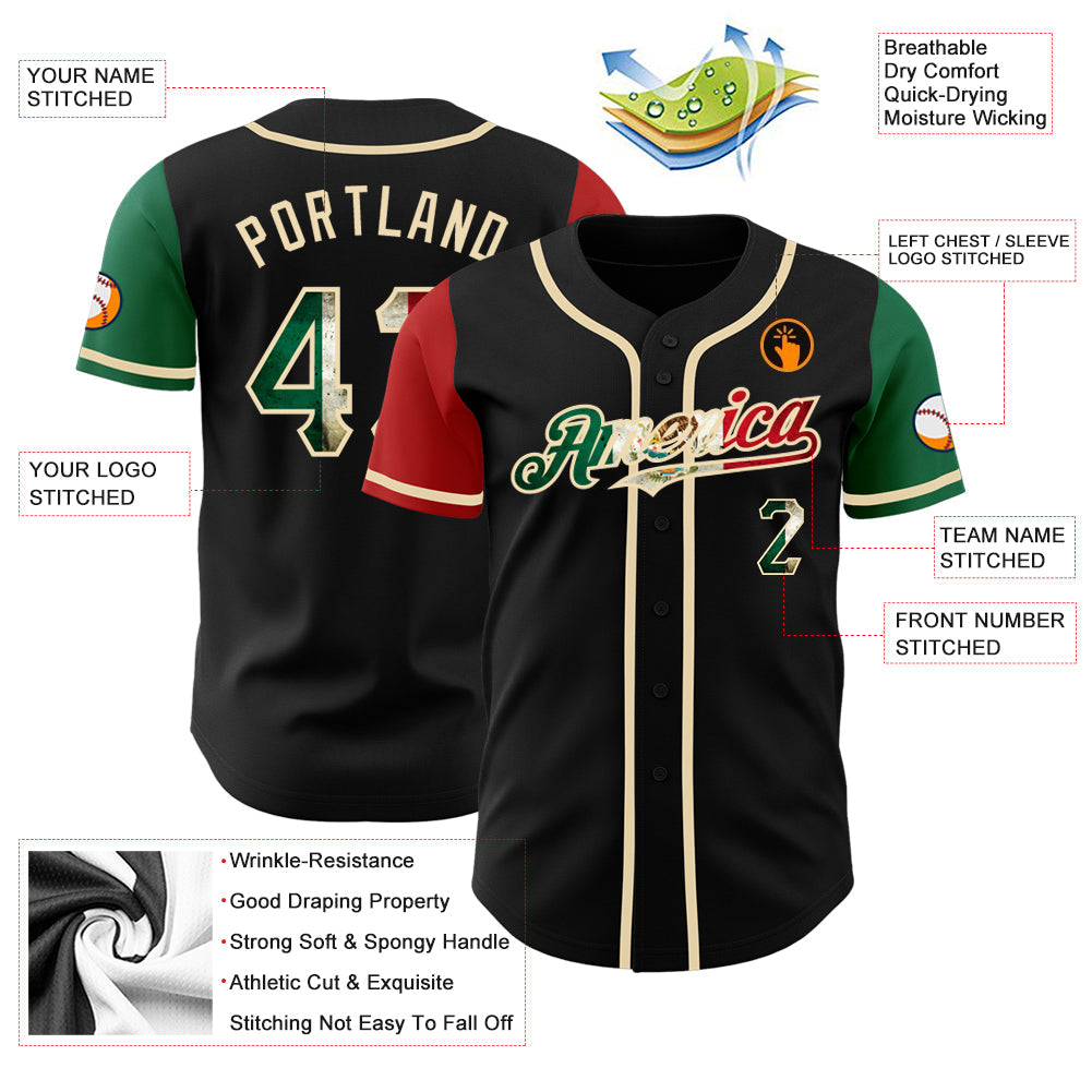 Custom Black Vintage Mexican Flag Kelly Green Red-City Cream Authentic Two Tone Baseball Jersey - Sky-Custom