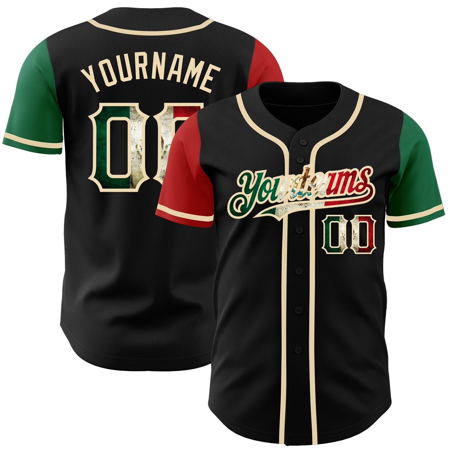 Custom Black Vintage Mexican Flag Kelly Green Red-City Cream Authentic Two Tone Baseball Jersey - Sky-Custom