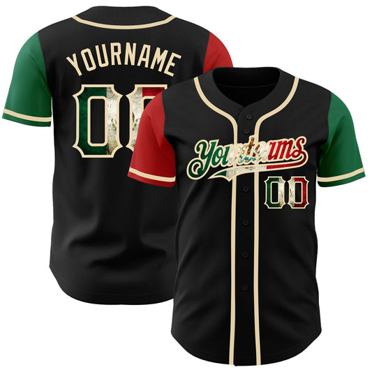Custom Black Vintage Mexican Flag Kelly Green Red-City Cream Authentic Two Tone Baseball Jersey - Sky-Custom