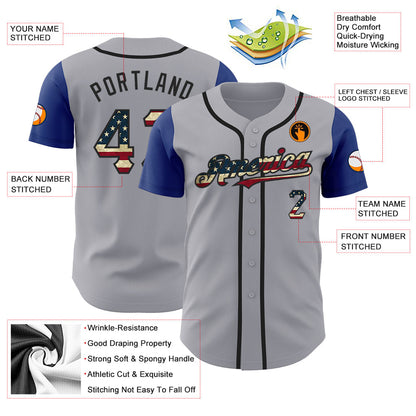 Custom Gray Vintage USA Flag Royal-Black Authentic Two Tone Baseball Jersey - Sky-Custom